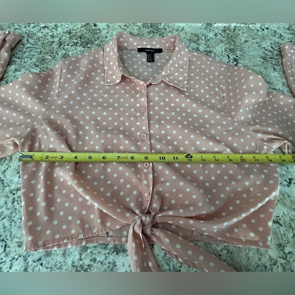 Forever 21 Polka Dot Tie Front Cropped Blouse Long Sleeves Blush Pink Size M - Picture 9 of 10